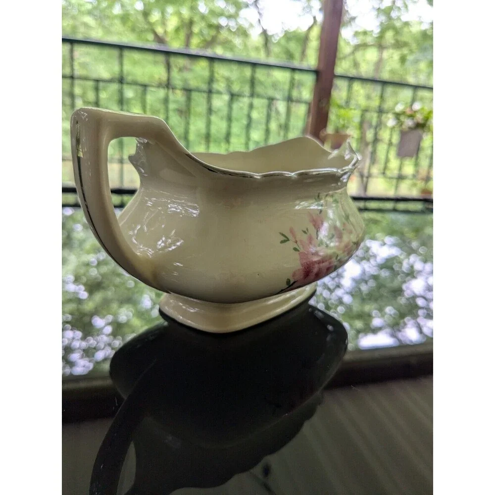 Vintage Canarytone Gravy Boat Cherry Blossoms Unmarked Silver Trim Porcelain